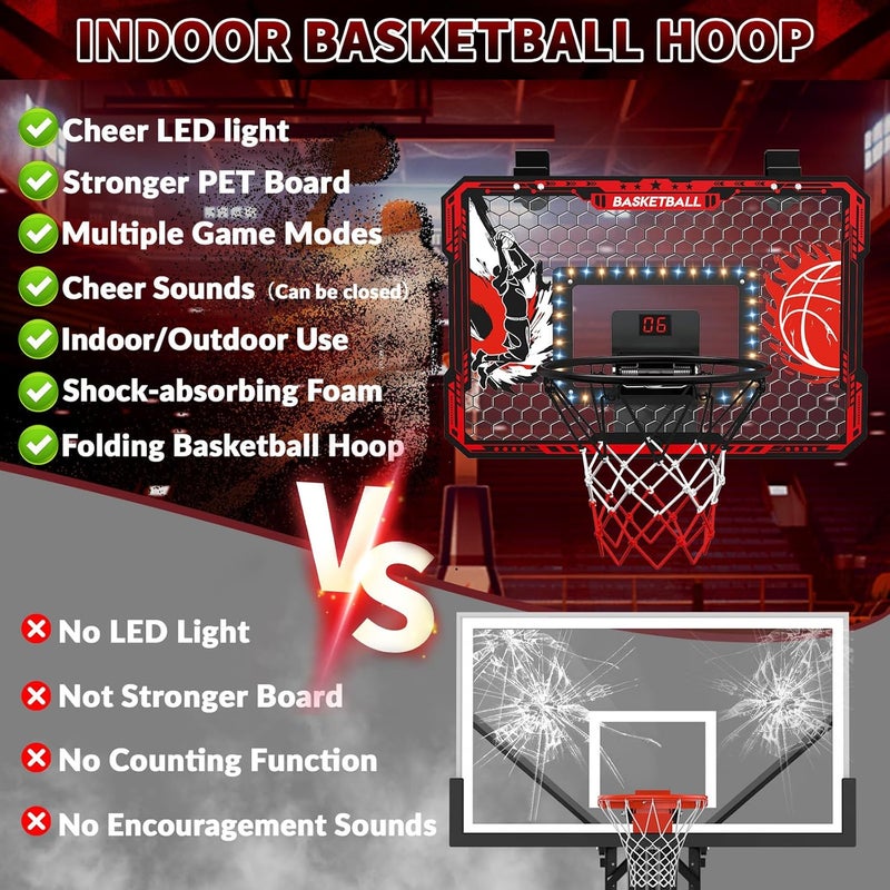 CL FUN Over The Door Basketball Hoop, 2025 Upgrade Indoor Basketball Hoop with LED Lights and Scoreboard, Includes 3 Balls & Pump, Toys Gifts for3 4 5 6 7 8 9 10 11 12 Year Old Boys - Mini Basketball Hoop - Image 3